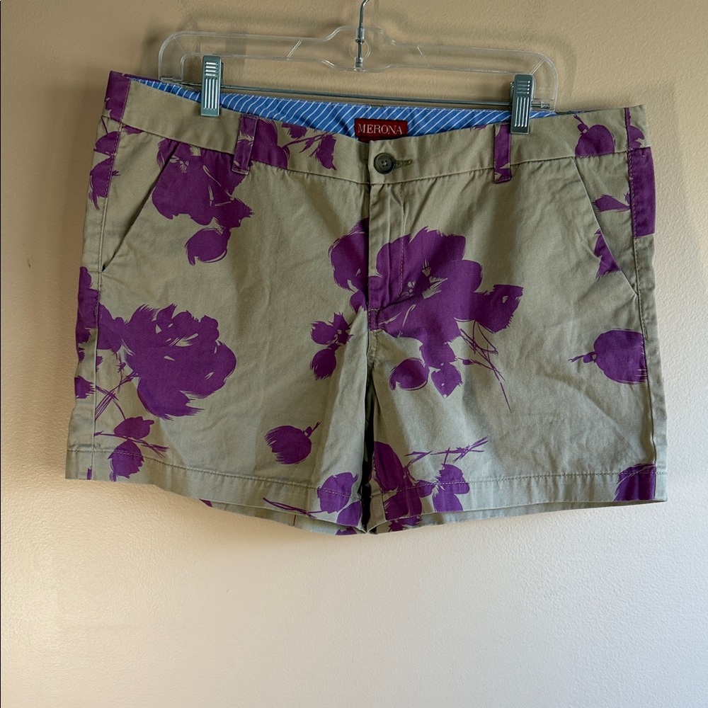 Merona Khaki Shorts with Purple Floral Motif